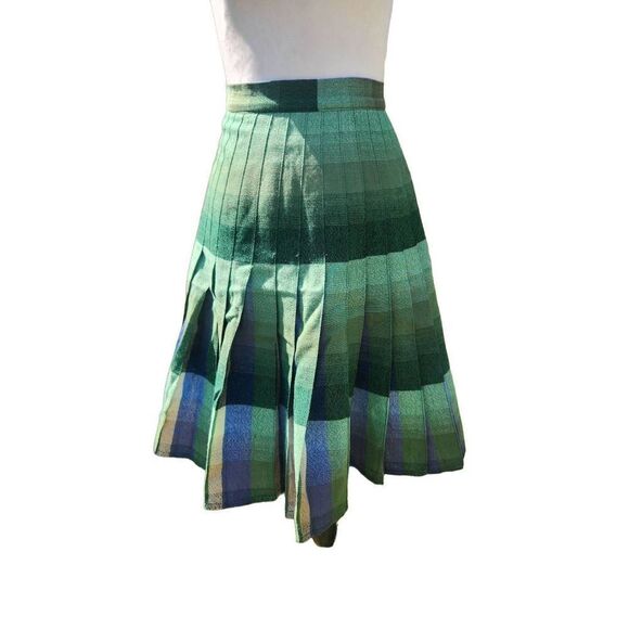 Vintage WOOL Plaid REVERSIBLE Pleated Skirt Midi 60s Blue Green Size Small - Picture 2 of 5